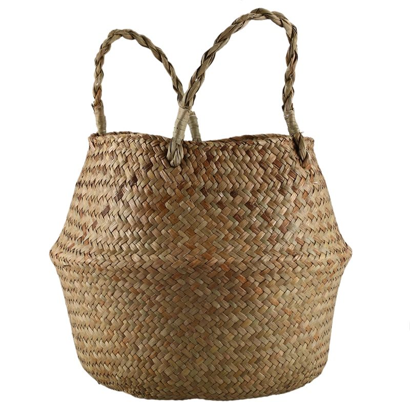 Seagrass Wickerwork Basket Rattan Foldable Hanging Flower Pot Planter Woven Dirty Laundry Hamper Storage Basket Home Decor Size M -Nature Color