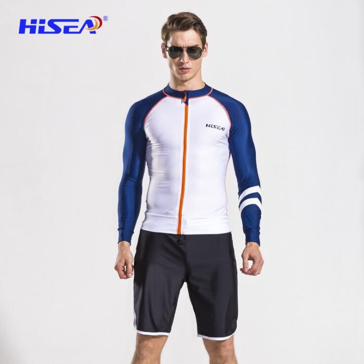 HISEA Long Sleeves Men Beach T-shirt Rash Guards Swimsuit Sunscreen Zipper Cardigan Tops Swimsuit for Surfing Uv Shirt Swim