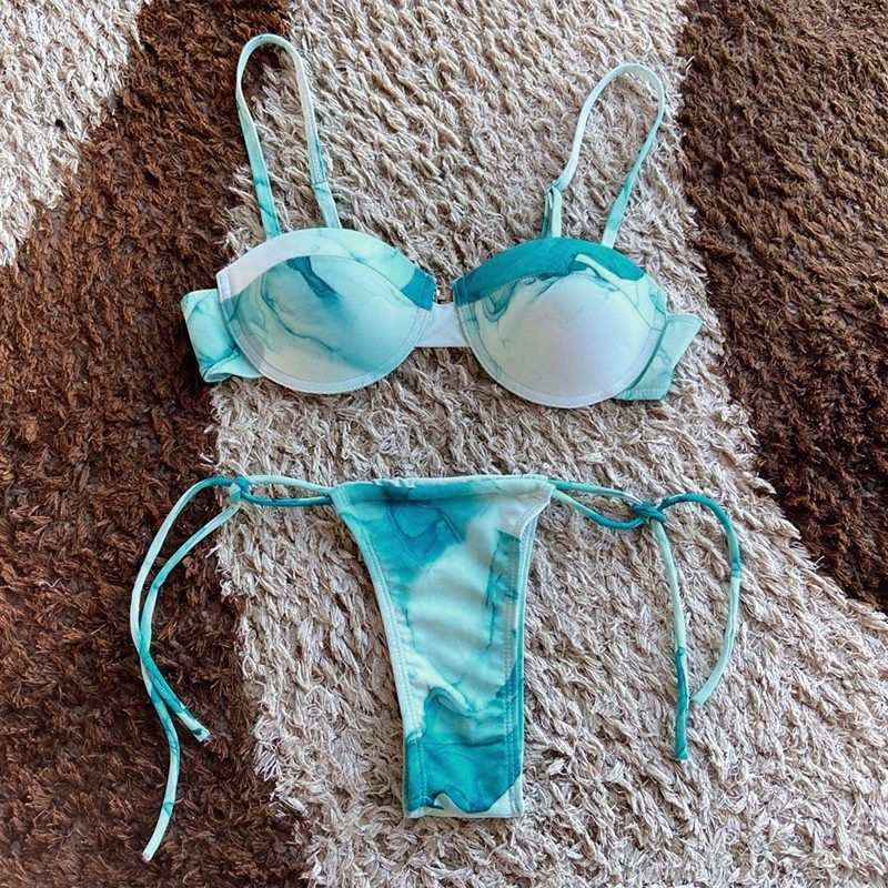 Women's y Swimsuit Thin Strap Tie-Dye Bikini Suit Steel Ring Swimsuit L