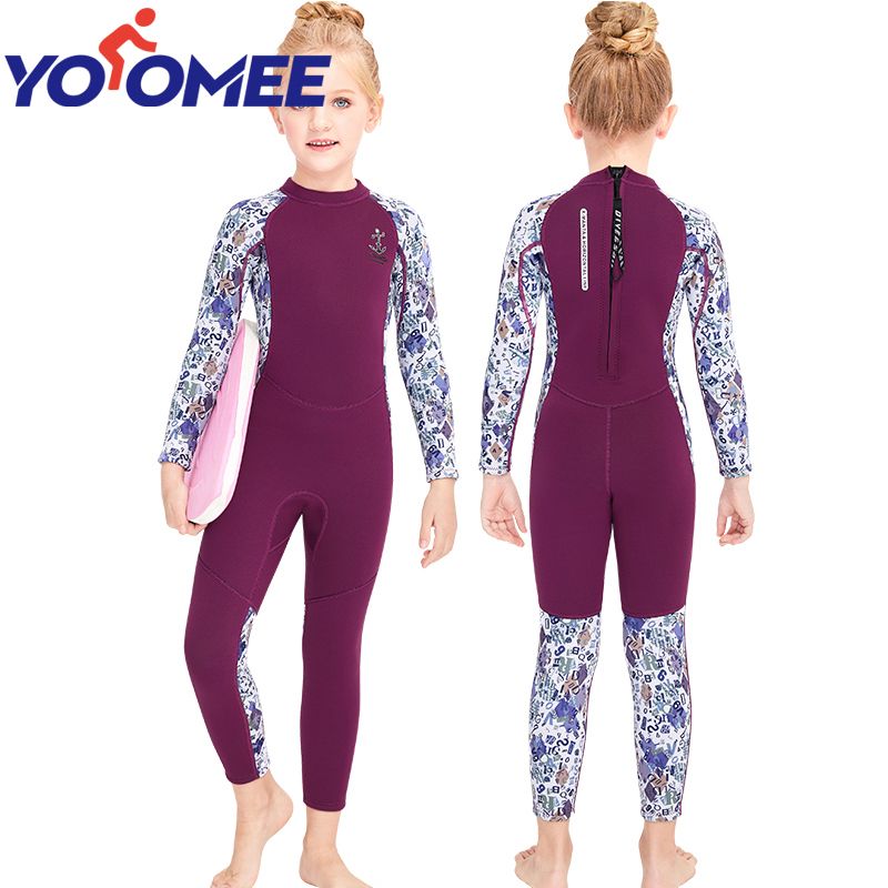 Yoomee 2.5MM Thick Neoprene Wetsuit For Girls Children Letters Swimsuits Solid Professional Scuba Diving Suit Kids Surfing Jellyfish Swimwear
