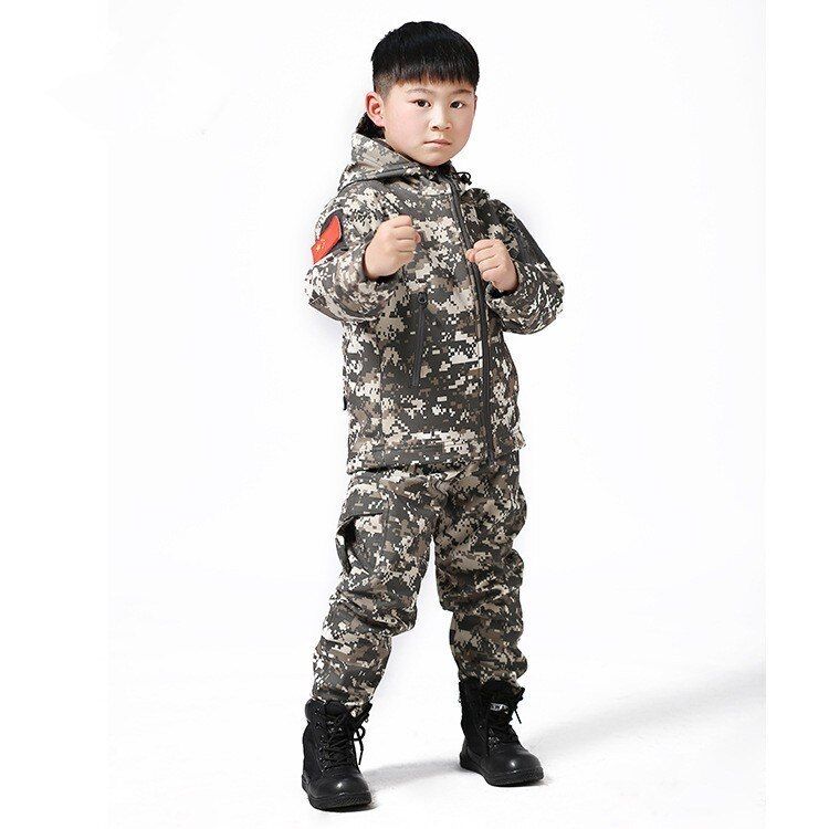 Winter Windproof Fleece Coat Pants Set Kid Outdoor Riding Climbing Fishing Waterproof Warm Camo Tactical Jacket Trouser