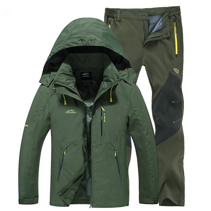 Men  Clothes Spring/Autumn Outdoor Srts Set Waterproof Windproof Hooded Windbreaker Fishing Hiking Coat (Jacket+Pants)