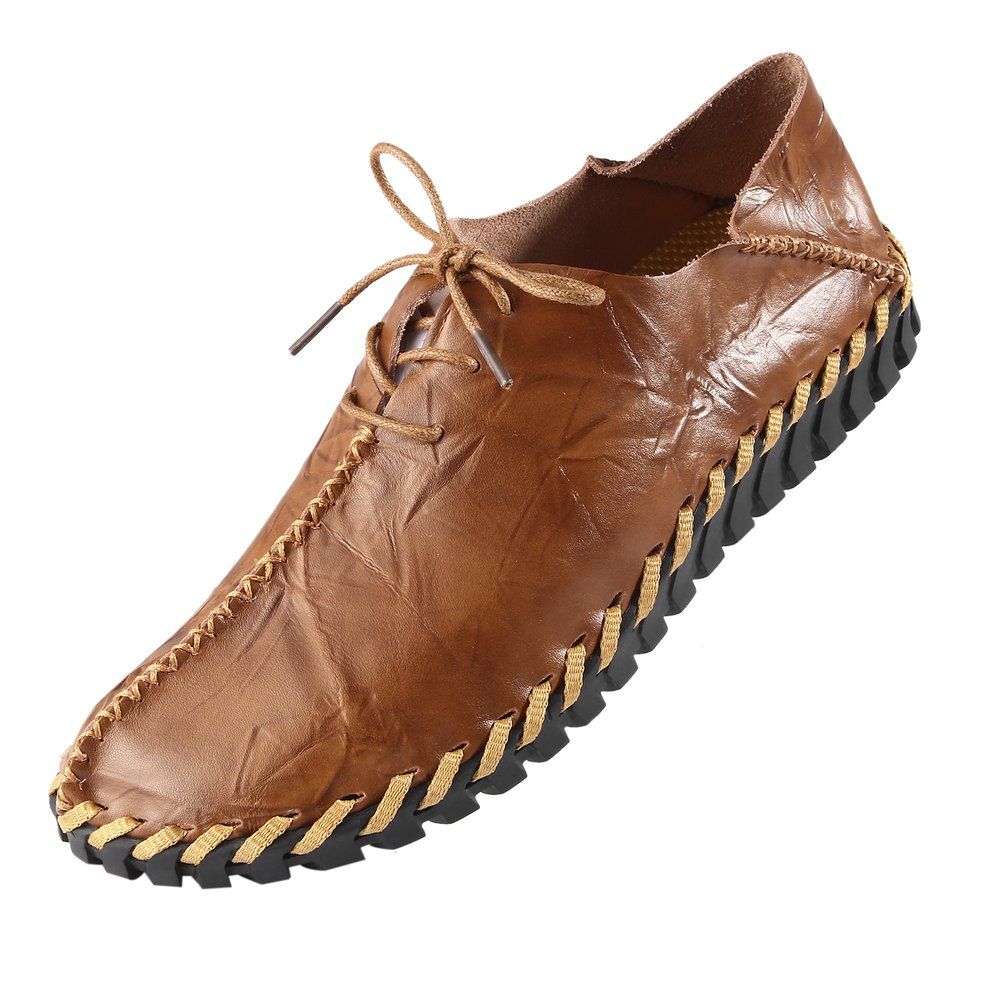 Spring Summer Autumn Men Fashion Casual Leather Flat Shoes Soft Lace-up Shoes-light brown 44