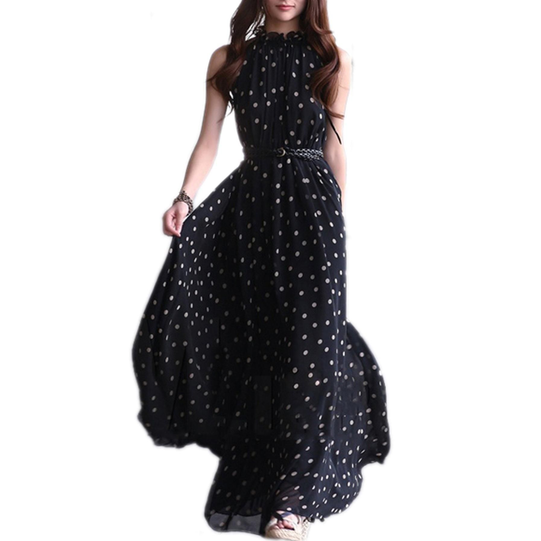 Women's Chiffon Dot Vest Maxi Full Long Dress Sleeveless With Belt Black