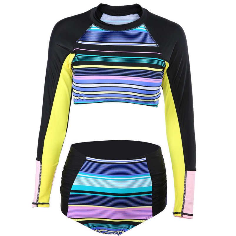Women Long Sleeve Surf Suit Two Piece Swimsuit High Waist Striped Print Diving for Snorkeling Surfing Beach Swimming