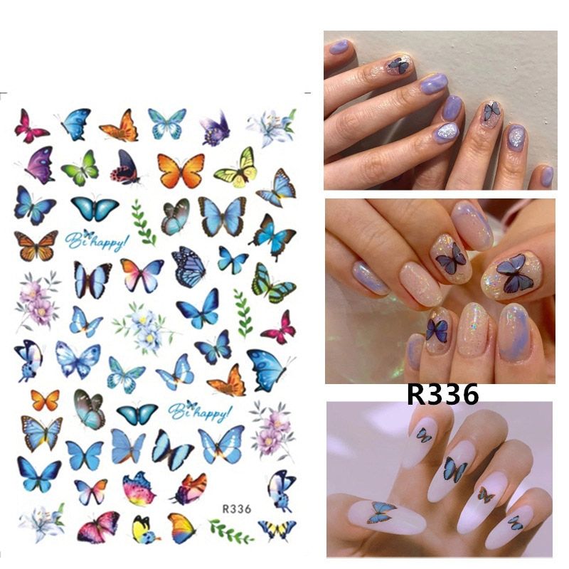 1PC 9.4*6.5cm Colorful 3D Butterfly Nail Art Sticker Black Gold Leaf Flower Petal Geometric Nail Decal Manicure Decorations Tips