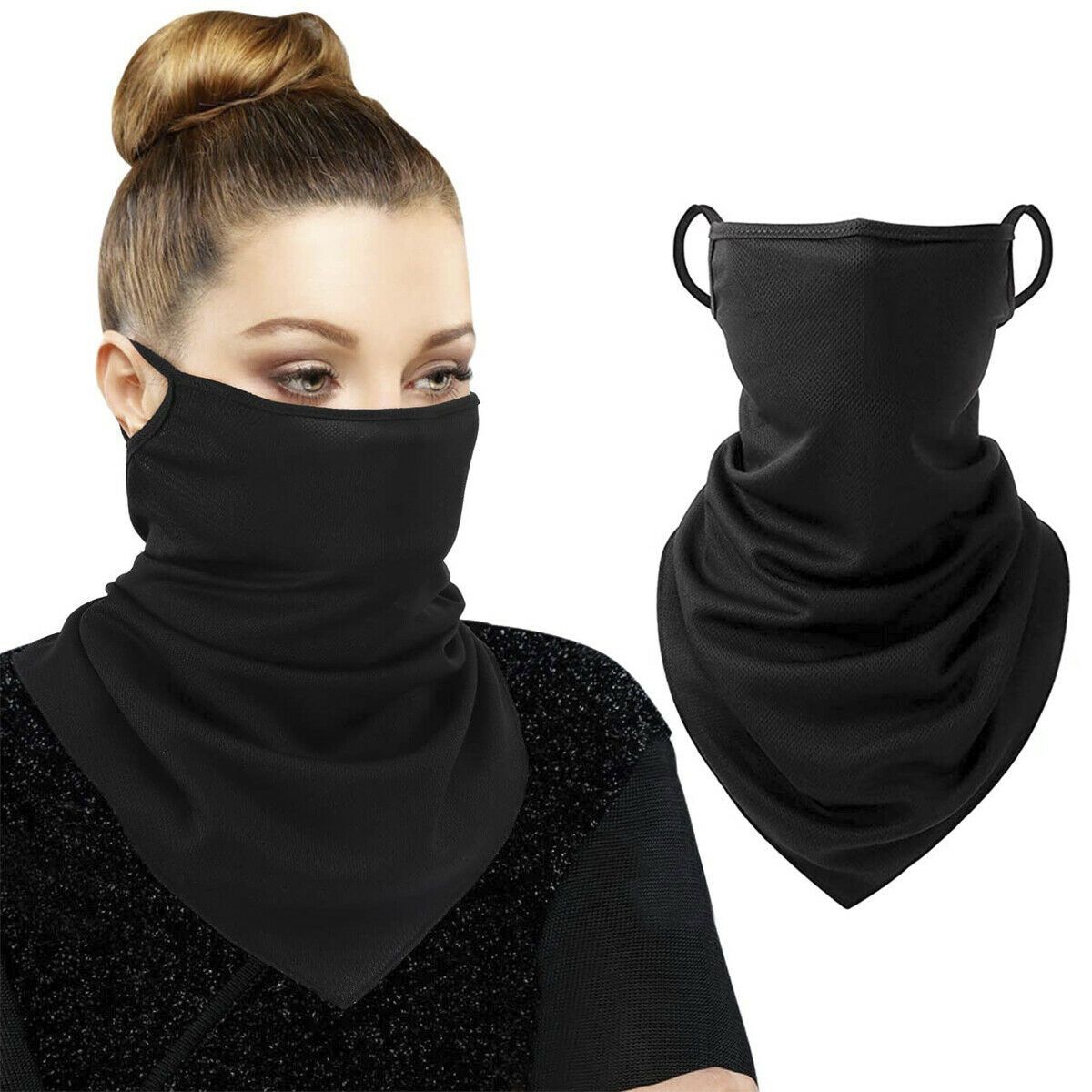 Women Bandana Face Cover Ear Hanging Scarf- Black
