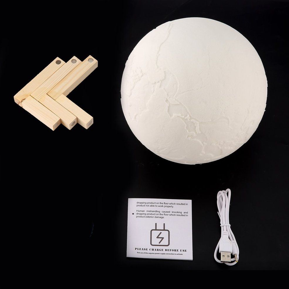 3D Print Moon Lamp Rechargeable with Wooden Mount Pat Control LED Night Light