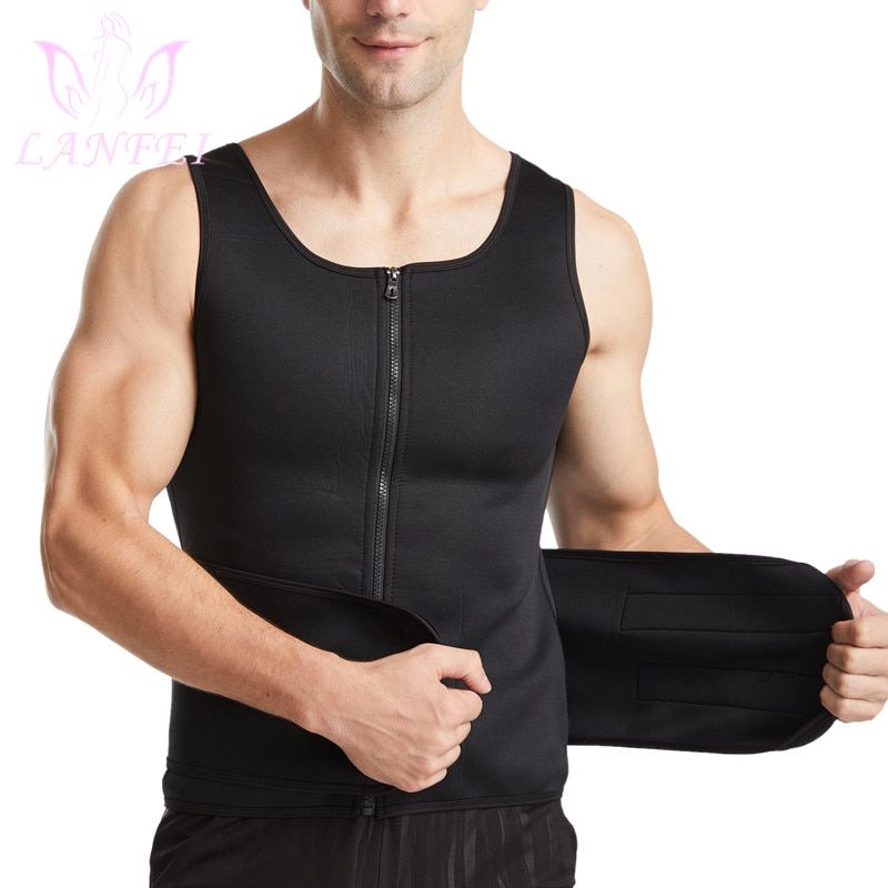 LANFEI Sauna Sweat Vest Hot Neoprene Male Waist Trainer Body Shaper with Zipper Compression Shirt Gym Fitness Slimming Shirt Top