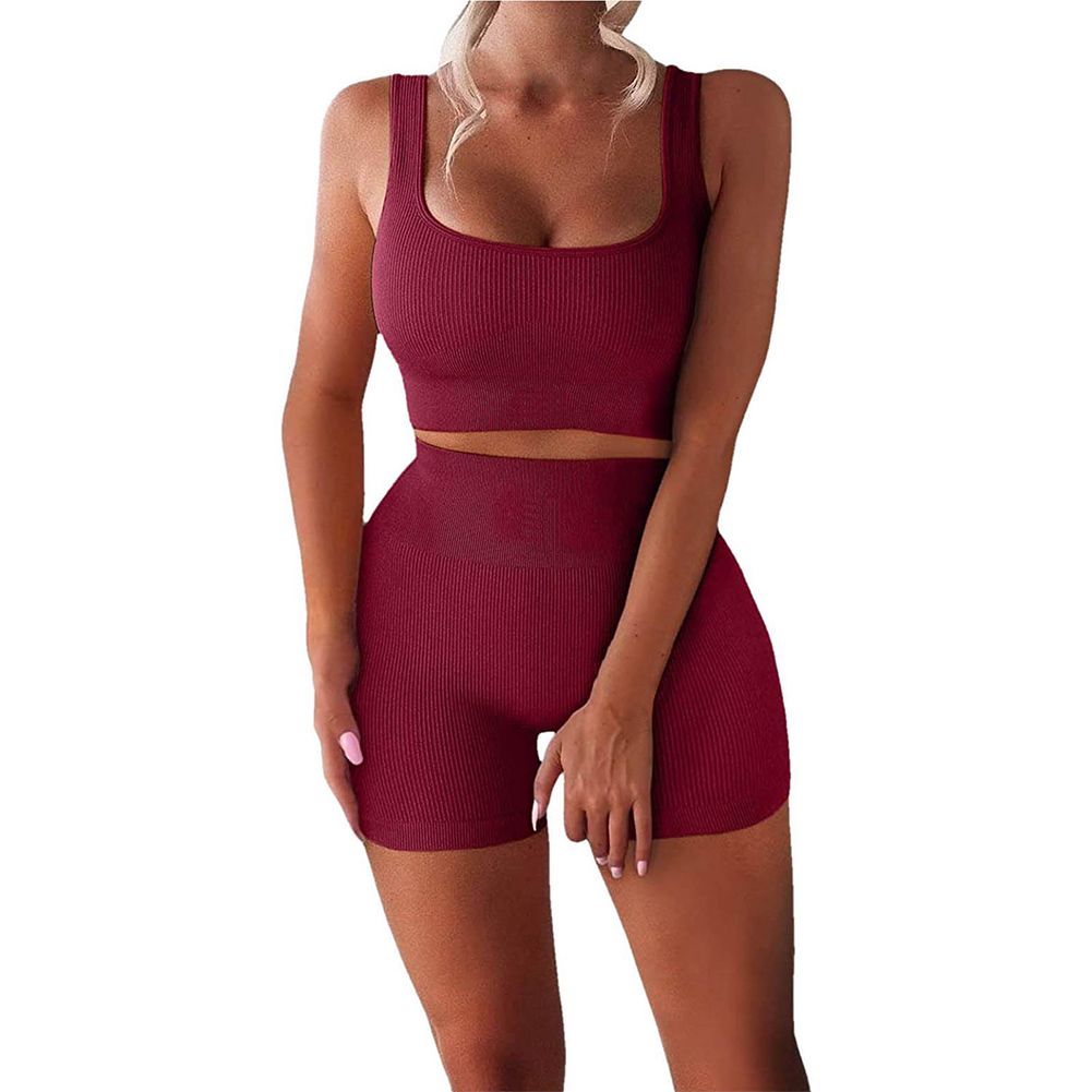 2pcs/set Women Polyester Fitness Suit U-neck Vest+high Waist Shorts Yoga Suit