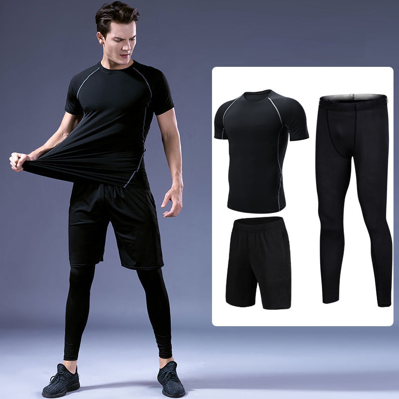 Men 3 Pieces Fitness Set Wear Top Shorts Pants Sport Suit Running Training Quick Dry Clothing