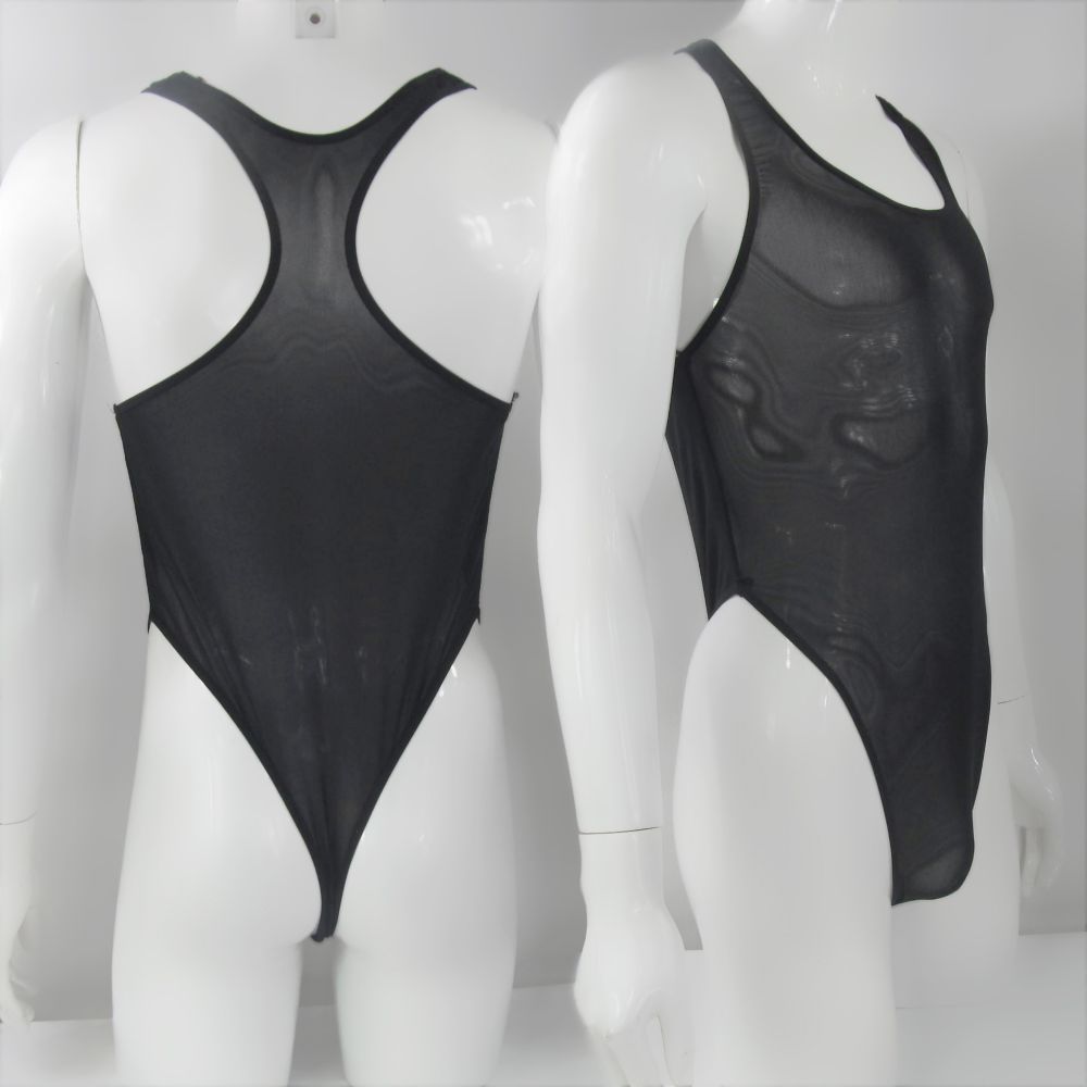 Mens Thong Back Bodysuit Stretchy High Cut Racer Back G1280 CPrint Mesh C-thru