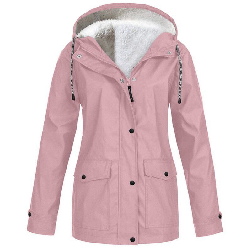 Winter Clothes Uni Solid Plush Rain Outdoor PlSize Hooded Raincoat Windproof Jacket Coat Warm Thick Medium-long Coats