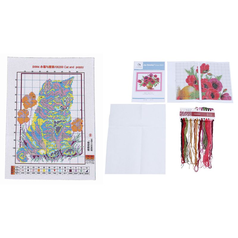 2x Releases Cross Stitch Kits Patterns Embroidery Kit - Cat and Poppy 14CT 21x29cm & Poppy Flower Vase 14CT 41X33cm