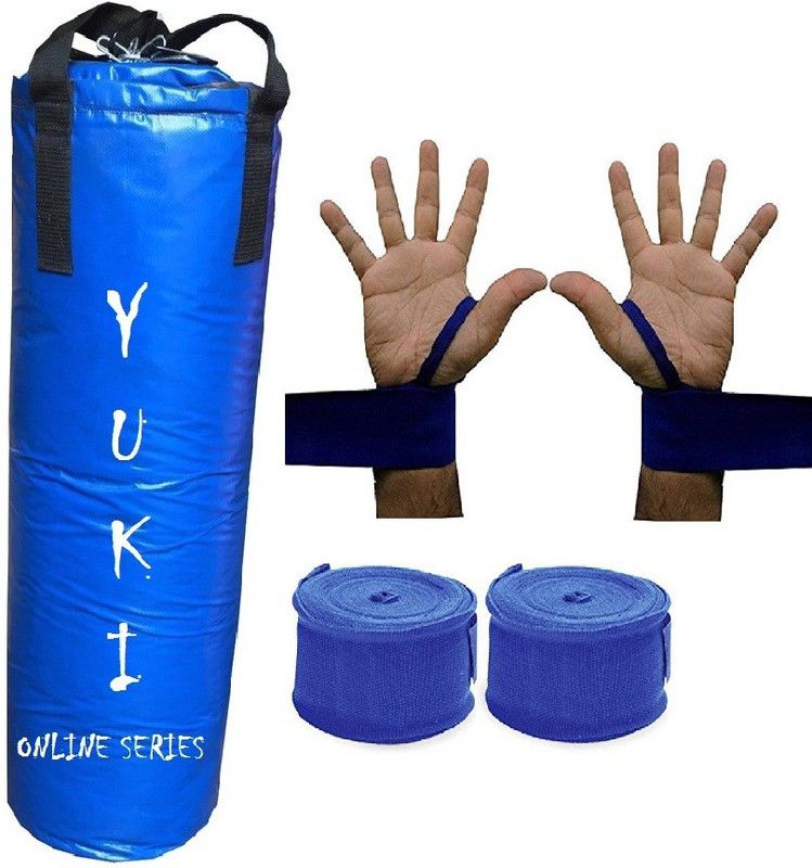 YUKI Online Series 4.0 Feet Long, Synthetic Leather Material, Blue Color, Unfilled with Hanging Straps with 9 Feet Long Blue Color Hand Wraps Pair Boxing Kit