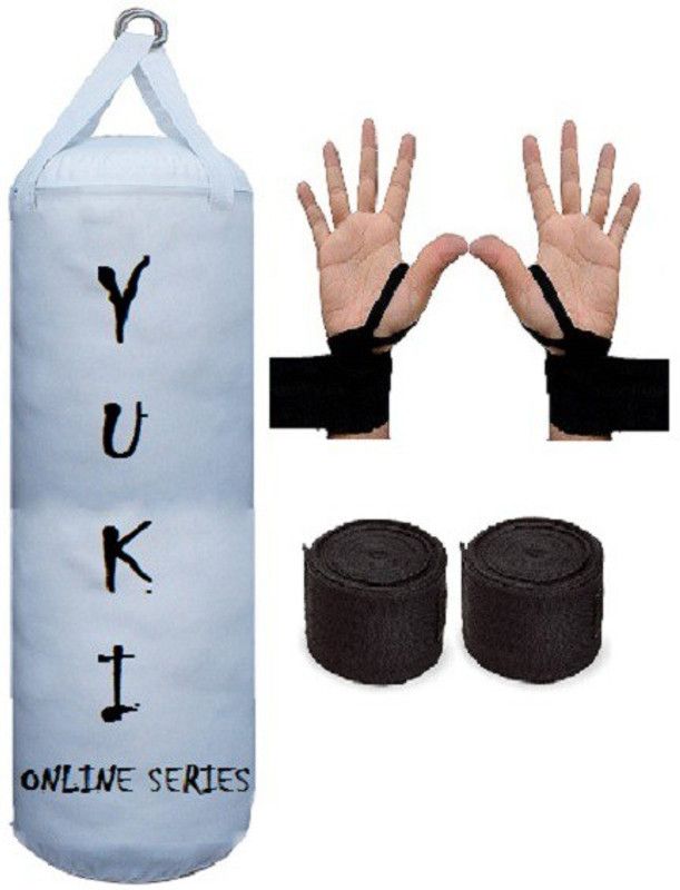YUKI Online Series 4.0 Feet Long, PU Material, White Color, Unfilled with Hanging Straps with 9 Feet Long Black Color Hand Wraps Pair Boxing Kit