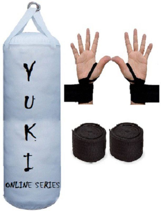 YUKI Online Series 2.5 Feet Long, PU Material, White Color, Unfilled with Hanging Straps with 9 Feet Long Black Color Hand Wraps Pair Boxing Kit