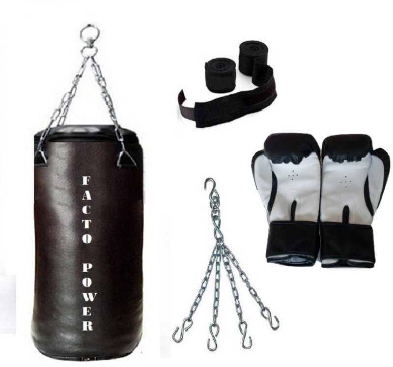 FACTO POWER 3.0 Feet Long, SRF - HEAVY Material, Black Color, Unfilled with Hanging Chain with 9 Feet Long Black Color Hand Wraps Pair & Boxing Gloves Pair Boxing Kit