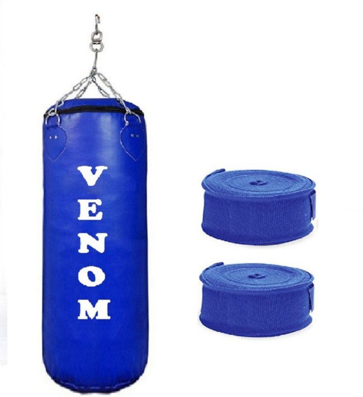 VENOM 3.0 feet long,PU Material ,Blue color,Unfilled with Hanging Chain and 9 Feet Long blue Color Hand Wraps Pair Boxing Kit