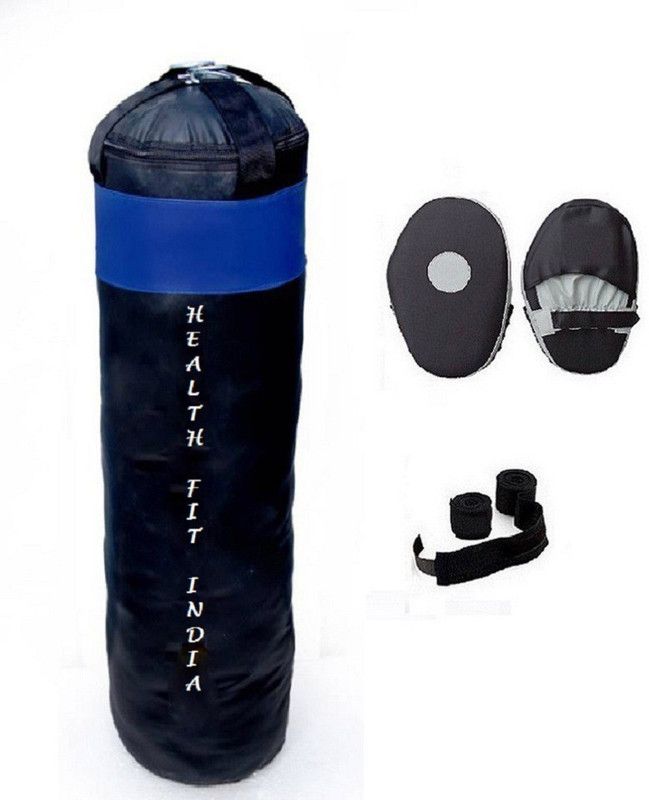 HEALTH FIT INDIA 4.5 Feet Long, PU Material, Black and Blue Color, Unfilled with Hanging Straps, Pair of Black Color Straight Coacher Pad and 9 Feet Long Black Color Hand Wraps Pair Boxing Kit