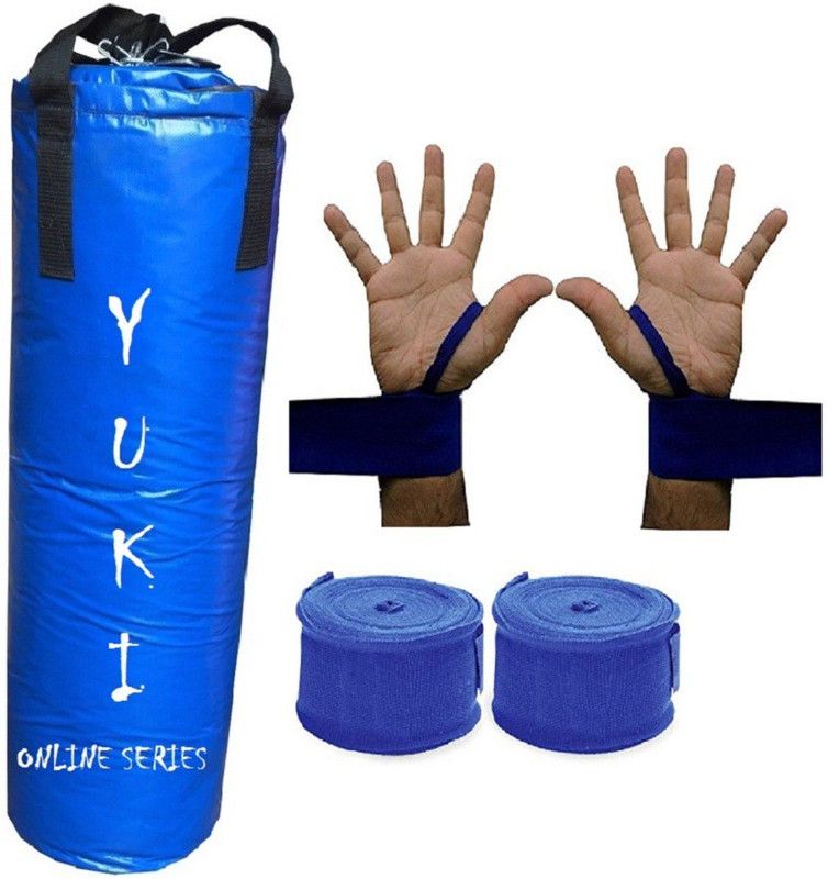 YUKI Online Series 2.5 Feet Long, Synthetic Leather Material, Blue Color, Unfilled with Hanging Straps with 9 Feet Long Blue Color Hand Wraps Pair Boxing Kit