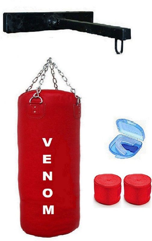 VENOM Red, Filled, 3.5 Feet, Synthetic Leather Punching Bag with Chain & 3 Accessories Boxing Kit