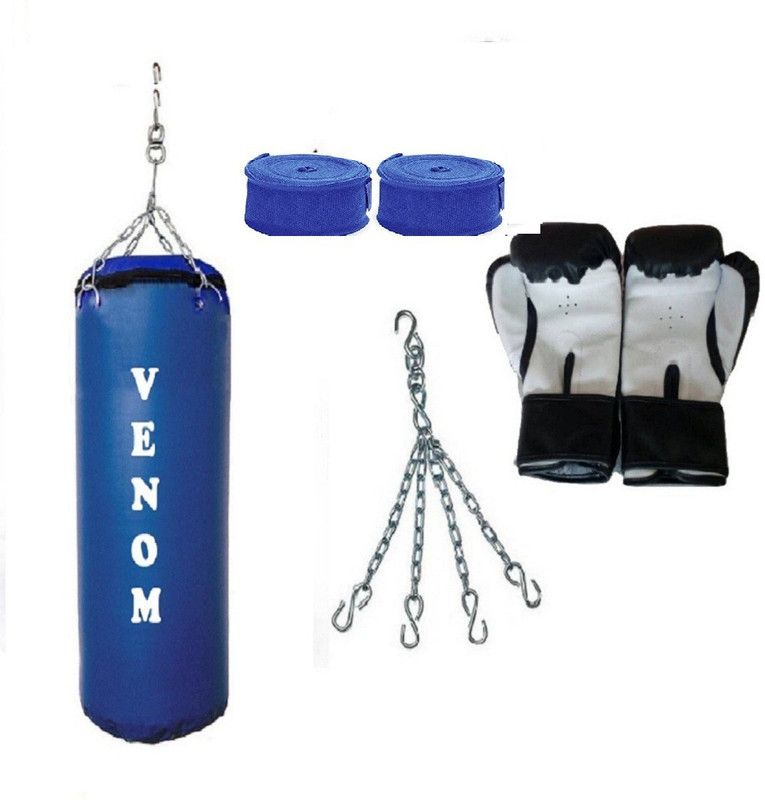VENOM 1.5 Feet Long, SRF STANDARD Material, Blue Color, Unfilled with Hanging Chain with 9 Feet Long Blue Color Hand Wraps Pair & Boxing Gloves Pair Boxing Kit