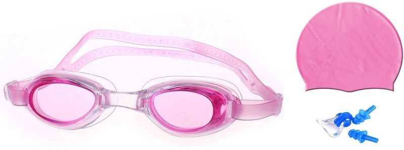 HEALTH FIT INDIA PINK COLOR GOGGLES, CAP WITH EAR & NOSE PLUG Swimming Kit