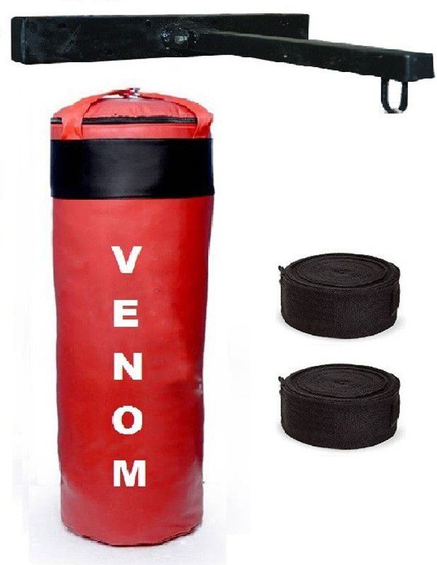 VENOM Synthetic Leather Material, Filled Punching Bag along with Hanging Straps, Hand Wrap Pair & Bag Stand Boxing Kit