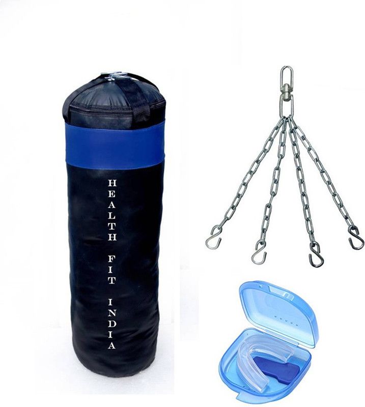 HEALTH FIT INDIA 2.5 Feet Long, P.U Material, BLACK and BLUE Color, Unfilled with Chain & Mouth Guard Boxing Kit