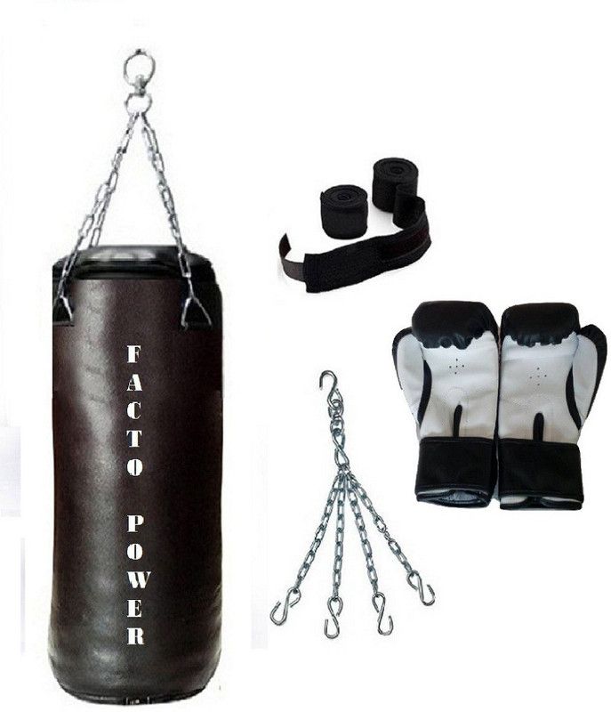 FACTO POWER 1.5 Feet Long, SRF - HEAVY Material, Black Color, Unfilled with Hanging Chain with 9 Feet Long Black Color Hand Wraps Pair & Boxing Gloves Pair Boxing Kit