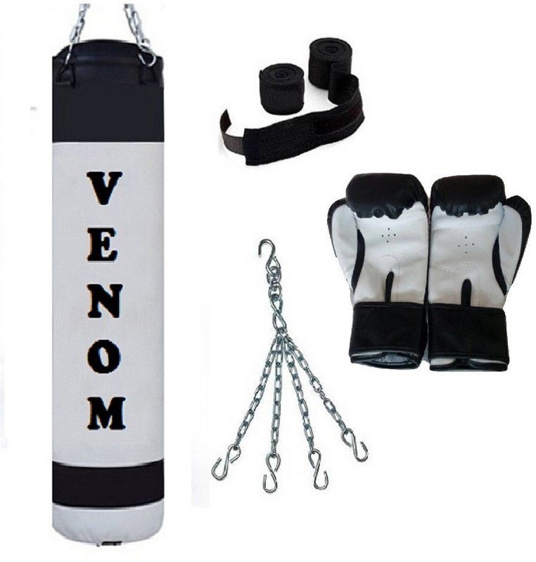VENOM 7.5 Feet Long, PU Material, White And Black Color, Unfilled with Hanging Chain with 9 Feet Long Black Color Hand Wraps Pair & Boxing Gloves Pair Boxing Kit