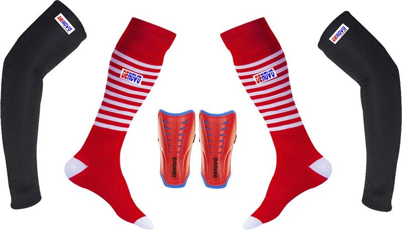 DENOVO Ultimate Protection (One Pair Large Shin Guard + One Pair Lycra Striped Knee Length Football Socks + One Pair UV Protection Arm Sleeves) Football Kit