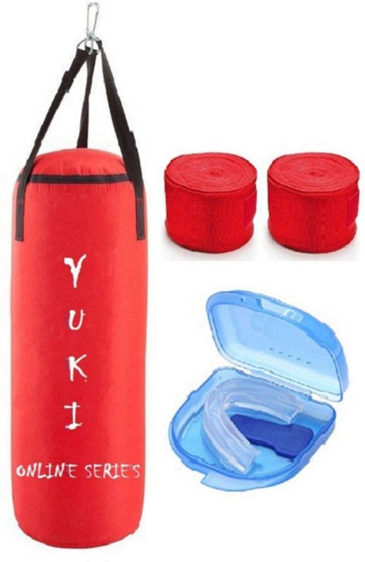 YUKI Online Series 4.5 Feet Long, PU Material, Red Color, Unfilled with Hanging Straps, 9 Feet Long Red Color Hand Wraps Pair & Mouth Guard Boxing Kit