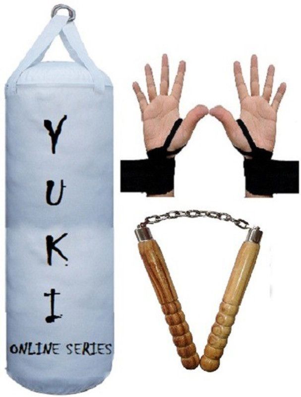 YUKI Online Series 4.5 Feet Long, PU Material, White Color, Unfilled with Hanging Straps with 9 Feet Long Black Color Hand Wraps Pair & Wooden Handle Non Chaku Boxing Kit