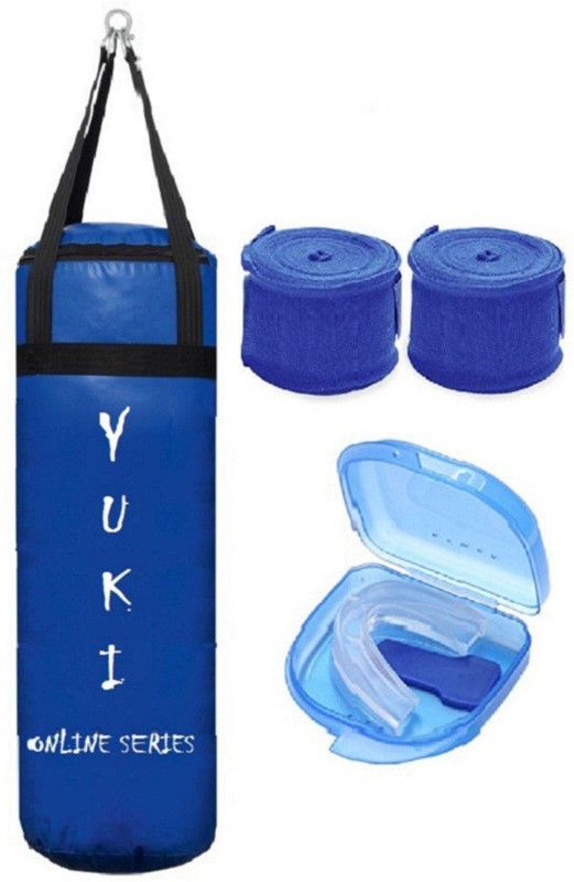 YUKI Online Series 3.5 Feet Long, PU Material, Blue Color, Unfilled with Hanging Straps, 9 Feet Long Blue Color Hand Wraps Pair & Mouth Guard Boxing Kit