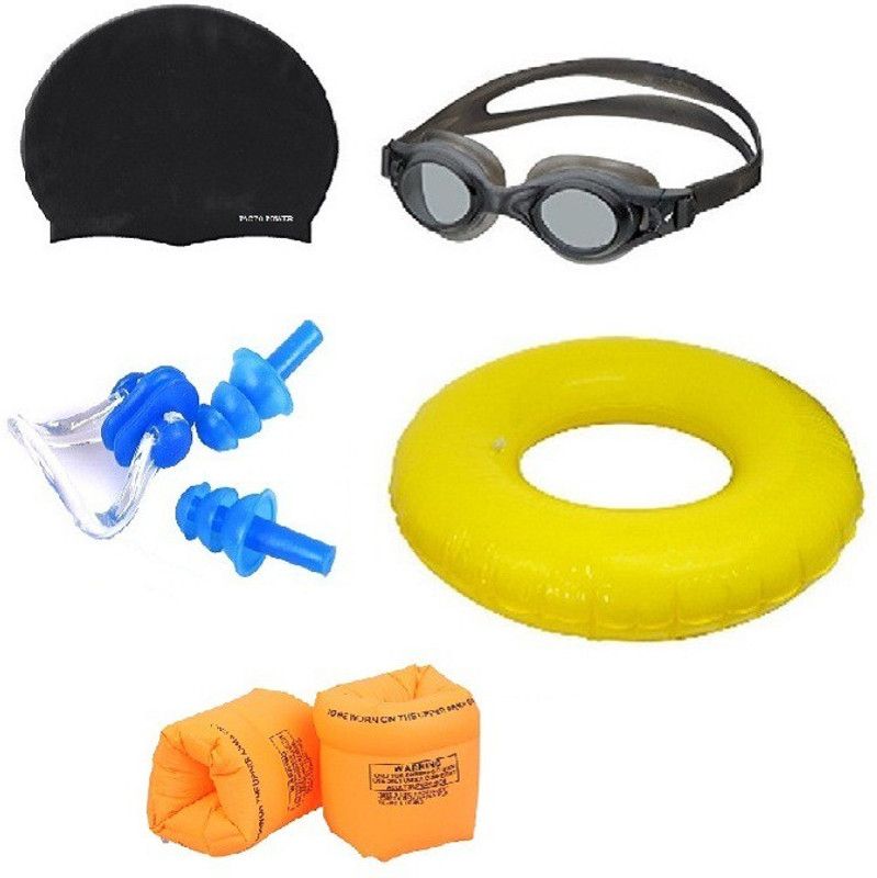 VENOM ASSORTED COLOR GOGGLES, CAP WITH EAR, NOSE PLUG, 50 CENTIMER TUBE, ARM FLOTS & KICK BOARD Swimming Kit