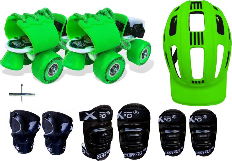 Jaspo Toddlers Baby Kids Junior Pro Adjustable Roller Skates Combo (Color: Green) (Suitable for Age Group Up to 5 Years) Skating Kit