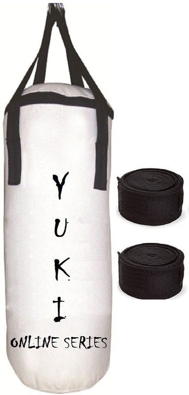 YUKI Online Series 1.5 Feet Long, CANVAS Material, White Color, Unfilled with Hanging Straps with 9 Feet Long Black Color Hand Wraps Pair Boxing Kit