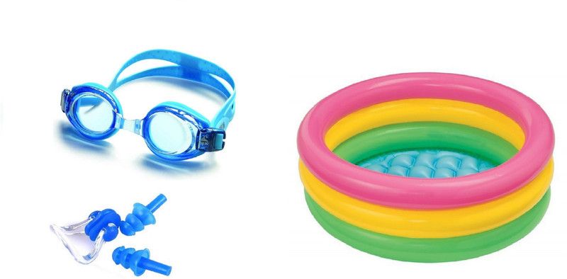 YUKI BLUE COLOR GOGGLES, EAR & NOSE PLUG, 3 FEET MULTICOLOR TUB Swimming Kit