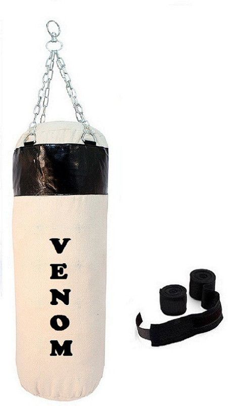 VENOM 5.5 Feet Long, CANVAS Material, White and Black Color, Unfilled with Hanging Chain and 9 Freet Long Black Color Hand Wrap Pair Boxing Kit