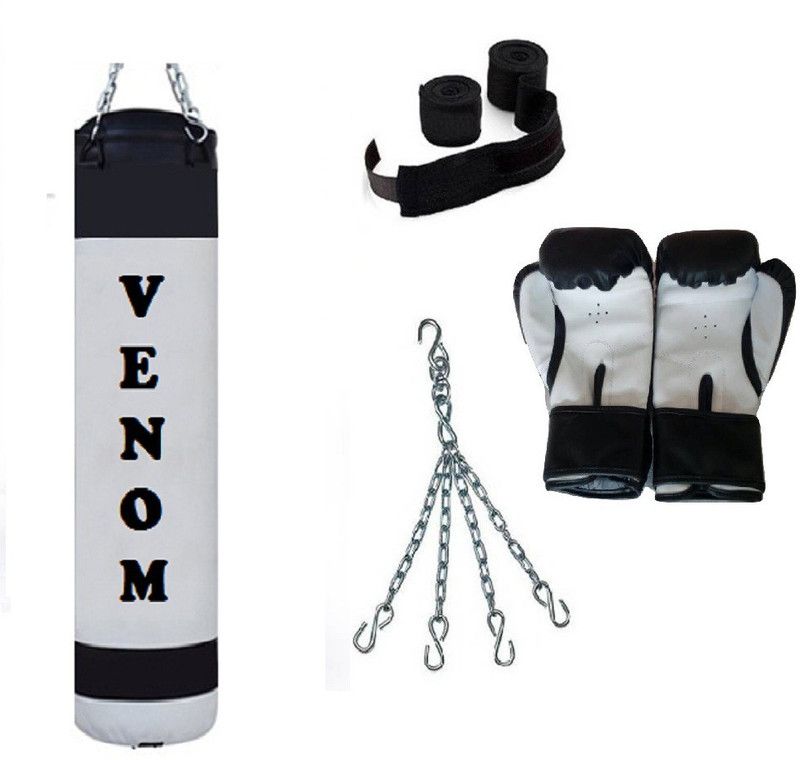 VENOM 1.5 Feet Long, PU Material, White And Black Color, Unfilled with Hanging Chain with 9 Feet Long Black Color Hand Wraps Pair & Boxing Gloves Pair Boxing Kit