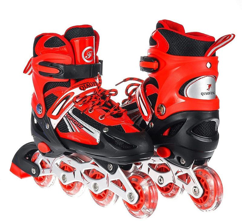 NAMANSHU TEX Adjustable Inline Skates Set for Boys Kids and Girls Skating In-line Skates - Size 6-9 UK  (Red)
