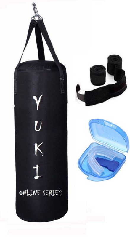 YUKI Online Series 3.0 Feet Long, CANVAS Material, Black Color, Unfilled with Hanging Straps, 9 Feet Long Black Color Hand Wraps Pair & Mouth Guard Boxing Kit