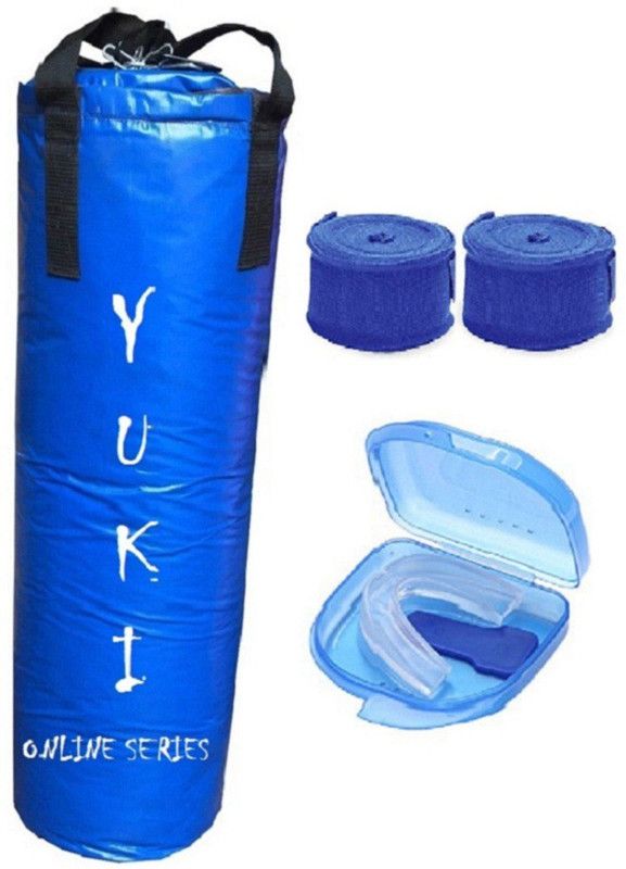 YUKI Online Series 5.0 Feet Long, Synthetic Leather Material, Blue Color, Unfilled with Hanging Straps, 9 Feet Long Blue Color Hand Wraps Pair & Mouth Guard Boxing Kit