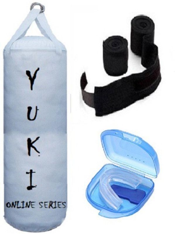 YUKI Online Series 3.0 Feet Long, PU Material, White Color, Unfilled with Hanging Straps, 9 Feet Long Black Color Hand Wraps Pair & Mouth Guard Boxing Kit