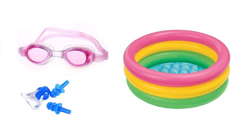 HEALTH FIT INDIA PINK COLOR GOGGLES, EAR & NOSE PLUG, 3 FEET MULTICOLOR TUB Swimming Kit