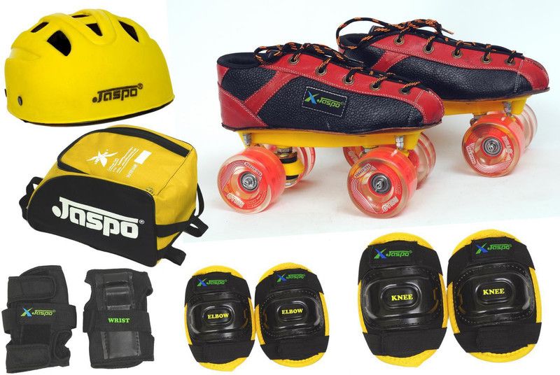 Jaspo Poison Red Pro Shoe Skates Combo Foot length 23.5 cms Size : 3 UK ( Age group 9-10 years) Skating Kit