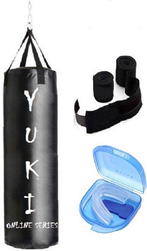 YUKI Online Series 2.5 Feet Long, Synthetic Leather Material, Black Color, Unfilled with Hanging Straps, 9 Feet Long Black Color Hand Wraps Pair & Mouth Guard Boxing Kit
