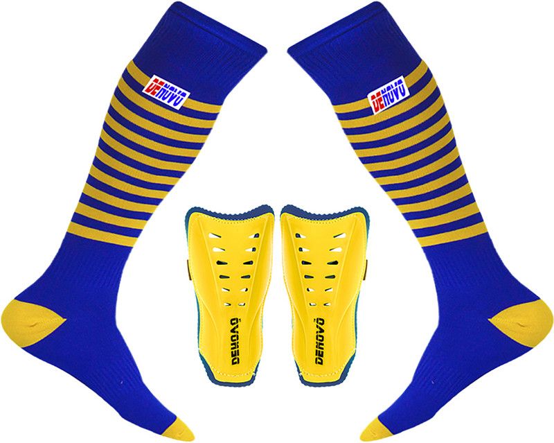 DENOVO Justry Football Kit (One Pair Lycra Striped Knee Length Football Socks + One Pair Shin Guard) Football Kit